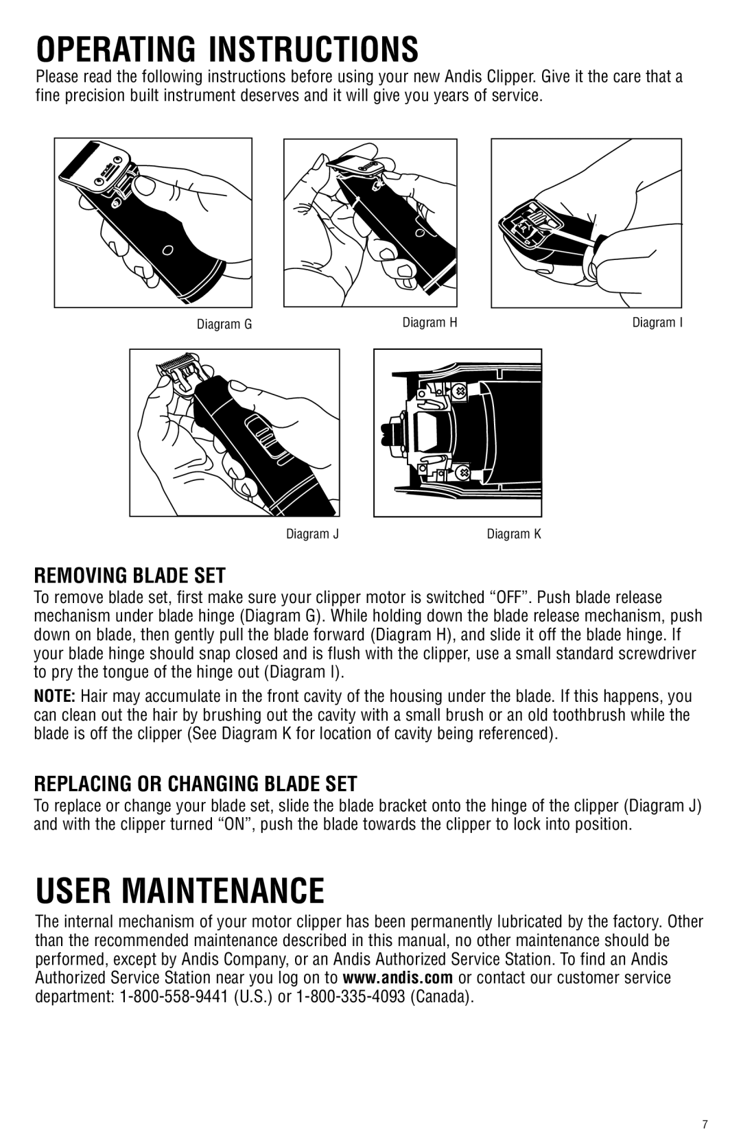 Andis Company AGRC manual Operating Instructions, Removing blade set 